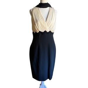 LUISA SPAGNOLI | Black & Cream Silk Surplice Bodice Beaded Cocktail Dress Size 6